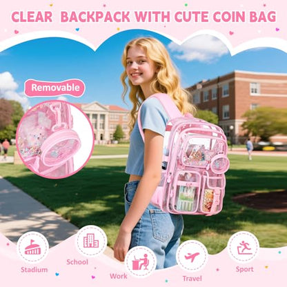 Clear Backpack for Girls School Clear Bookbag Stadium Events Heavy Duty Transparent Back Pack, Pink - color: Pink