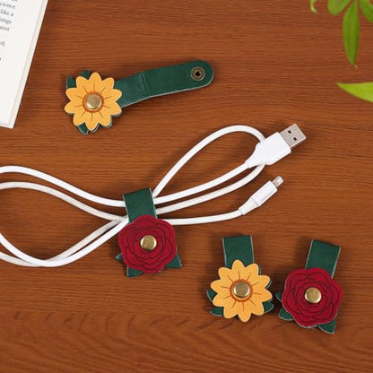 2 PCS Cord Organizer,Cord Keeper,Cable Organizer USB Holder,Cable Straps,Earbud case,wrap Headphone,Headset Winder,Earphone Clips Ties,stocking stuffers Gifts for Women Leather Flower - style: Flower