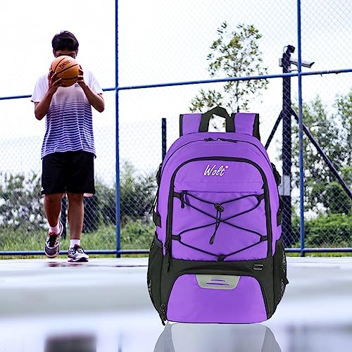WOLT Basketball Backpack Large Sports Bag with Separate Ball Holder & Shoes Compartment, Best for Basketball, Soccer,Gym - color: Purple
