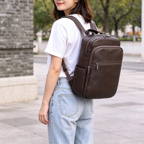 Genuine Leather 15.6 Inch Laptop Backpack for Men & Women, Business Commute Bag Daypack with Multi-Pockets for Travel Outdoor, Coffee Brown - color: Y80-17y-coffee