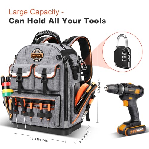 Tool Bag Backpack - Heavy Duty Tool Backpack, HVAC Tool Backpack Bag Organizer, Electrician Tool Bag with Laptop Compartment, Waterproof Molded Base, Combination lock & Durable 1680D - Gray