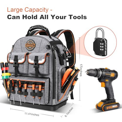 Tool Bag Backpack - Heavy Duty Tool Backpack, HVAC Tool Backpack Bag Organizer, Electrician Tool Bag with Laptop Compartment, Waterproof Molded Base, Combination lock & Durable 1680D - Gray