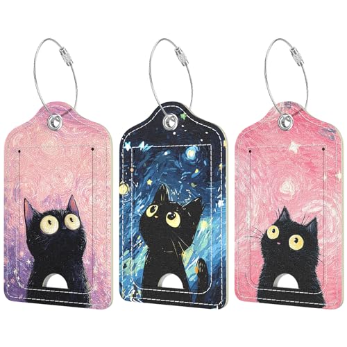 Rimilak 3 Pcs PU Leather Luggage Tags for Suitcase, Travel Cruise Luggage Tag with Privacy Flap, Name ID Label and Metal Loop for Women Men Baggage Handbag School Bag Backpack, Van Gogh Cat - color: Van Gogh Cat