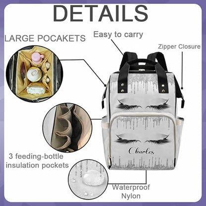 Newcos Personalized Eyelashes Diaper Backpack with Name, Mommy Custom Baby Bag with Shoulder Straps Tote Bags Custom Diaper Bags for Girls - color: Design 001