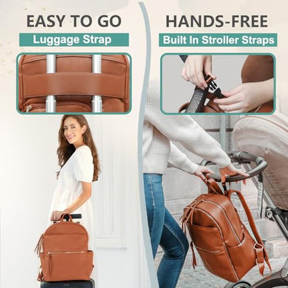 MOMINSIDE Diaper Bag Backpack with 6 Insulated Pockets, Leather Diaper Bag, Large Baby Bag for Mom, Baby Registry, 18 Pockets, Changing Pad, Stroller Straps (Brown) - color: Brown