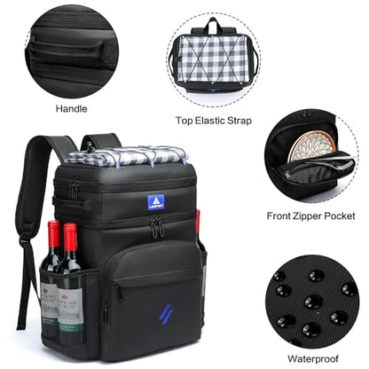 Laripwit Picnic Backpack Cooler Bag - 54 Cans Black Cooler Backpack Insulated Leak-Proof Lunch Backpack with Cooler Compartment Large Double Deck Soft Cooler Bag for Beach,Camping,Travel - color: Black-with Stretchy Strap