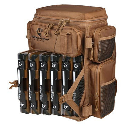 Evolution Fishing Drift Series Tackle Backpack, Outdoor Rucksack w/ 6 Fishing Tackle Trays, Heavy Duty - color: Coyote, size: 3600