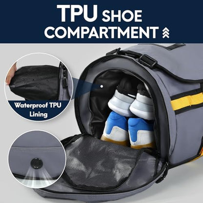 Haimont Heavy Duty Convertible Travel Duffel Backpack, Grey, 45L | Shoe Compartment, Water-Resistant Tarpaulin, Wide U-Shaped Opening - color: Grey, size: 60L