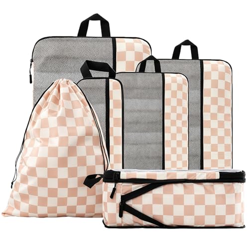 U+U 6 Set Compression Packing Cubes - Ultralight Travel Organizers with Laundry Bag, Space-Saving Suitcase Organizer for Travel, Business Trip and Family Vacation (Khaki Checkered) - color: Khaki Checkered, size: 6 Set