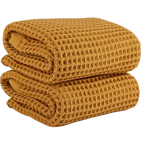 PÜSKÜL Natural 100% Turkish Cotton Waffle Bath Towels Set of 2-Piece | 32x63 Extra Large Absorbent Quick-Dry Lightweight Spa Towel | Luxury Sauna Accessories (Mustard Yellow Bath Towels - Pack of 2) - color: Mustrad Yellow