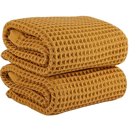 PÜSKÜL Natural 100% Turkish Cotton Waffle Bath Towels Set of 2-Piece | 32x63 Extra Large Absorbent Quick-Dry Lightweight Spa Towel | Luxury Sauna Accessories (Mustard Yellow Bath Towels - Pack of 2) - color: Mustrad Yellow