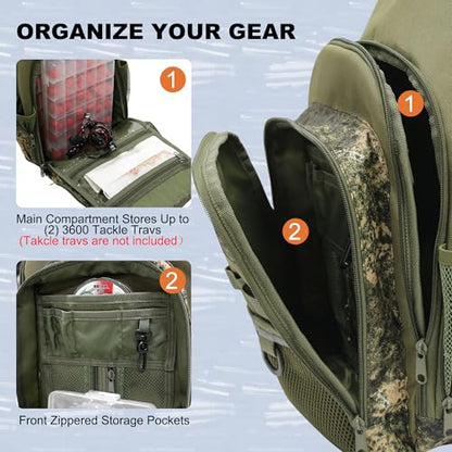 MYDAYS Fishing Sling Tackle Storage Bag, Lightweight Outdoor Sling Tackle Backpack for Fishing Gear and Equipment (Green Camo)