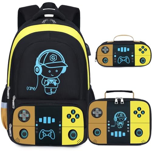 Bevalsa Backpack for School Boys, Cool Luminous Gamer Boys Schoolbag with Lunch Box & Pencil Case Set for Kids Teens Elementary Middle School, Bookbag Glow In The Dark(Orange Backpack) - color: Orange Yellow, style: Backpack