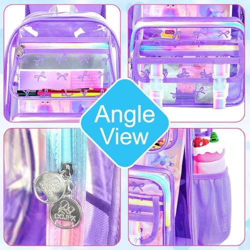 KLFVB 3PCS Girls Clear Backpack Heavy Duty, See Through School Bookbag Set, Cute Transparent Bag for Women - Bow Purple - color: Bow Purple Clear Backpack