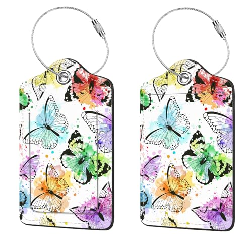 2 Pcs Luggage Tags for Suitcase, Cute Unique PU Leather Travel Bag Tag with Privacy Cover ID Label Address Card and Durable Metal Ring Suitable for Men Women Children Backpack,Colored Butterfly A - color: Colored Butterfly a