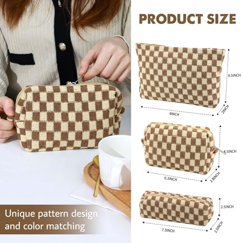 3 Pcs Makeup Bag Cosmetic Bag Set for Girls Women Checkered Travel Organizer Bathroom Toiletry Pouch Large Capacity Storage Bag (Brown) - color: Brown