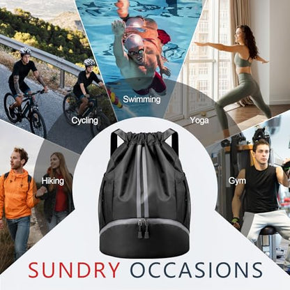 PinCute Drawstring Backpack for Women Men, Gym Bag for Soccer, Basketball, Swim, Beach, Water-Resistant Sports Backpack with Wet Pocket and Shoe Compartment, Black - color: Black
