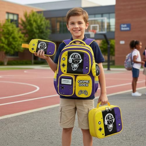 Boys Backpack, Luminous Gamer Backpack for Boys with Lunch Box,Pencil Case and Coin Puese,Kids Schoolbag Bookbag for Teen Boy Elementary Middle High School Travel(Yellow-Purple) - color: Yellow-purple