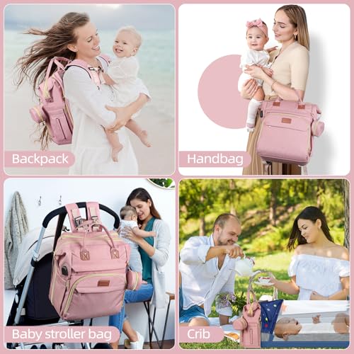 ZRSUN Diaper Bag Backpack with Portable Station & USB Port, Large Capacity Travel Baby Bag with Changing Pad, Waterproof Multi-Function Maternity Backpack for Mom & Dad (Pink) - color: Pink