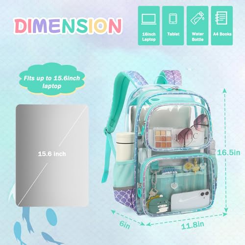 Sisipoet Clear Backpack for Girls, Heavy Duty PVC Transparent Bookbag for School, Funny Kids Backpacks with Mermaid Print, Blue - color: Mermaid