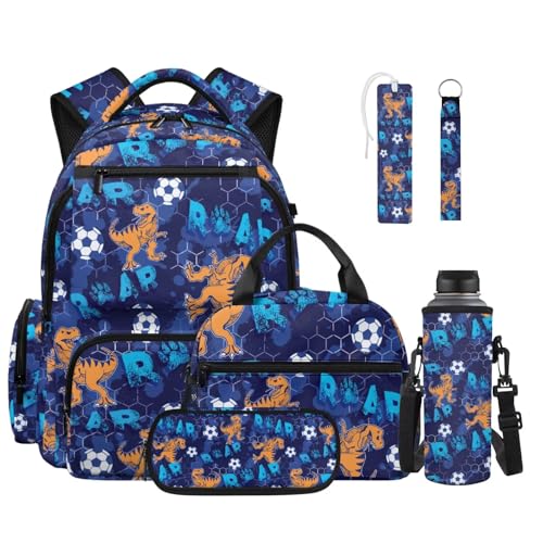 Talayituse Dinosaur Soccer Paw Print Backpack for Boys Elementary Middle High Schoolbag Bookbag with Lunch Box Pencil Case Water Bottle Sleeve 6 In 1 Rucksack for Back to School Supplies - color: Dinosaur Soccer Paw