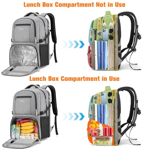 Insulated Lunch Backpack Fit 17" Laptop, Work Backpack with Lunch Box for Men & Women, Water Resistant College Computer Bag for Travel, Business, Hiking - color: Gray