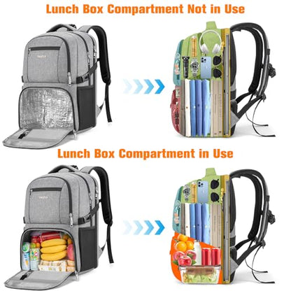 Insulated Lunch Backpack Fit 17" Laptop, Work Backpack with Lunch Box for Men & Women, Water Resistant College Computer Bag for Travel, Business, Hiking - color: Gray
