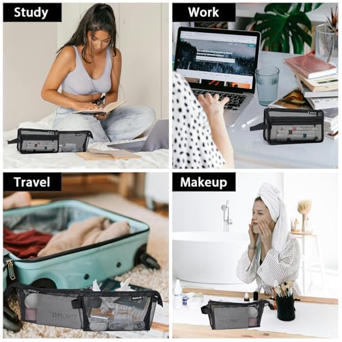 2-Pack Clear Mesh Pencil Case Pouch with Handle (Black) | Inside are visible, Single & double Layer combination, Various uses, Light weight, Robust quality
