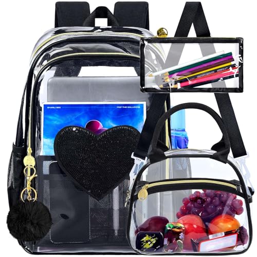 gxtvo 3PCS Clear School Backpack Heavy-Duty Set for Women & Teen Girls, 17" See Through Bookbag with Luxurious Gold Zipper, Black Sequins Transparent Bag - color: Black Sequins Clear Backpack Set