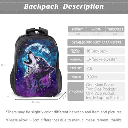 Kids Backpack School Bookbag 16inch Schoolbag With Lunch Box Bag And Pencil Case Set For Boys Girls - color: Wolf