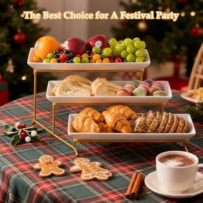 LYEOBOH 3 Tier Serving Stand and Platters Set Large Tiered Serving Platters with Collapsible Sturdier Rack 14 Inches Tiered Serving Tray for Appetizer Fruit, Dessert and Cupcake, White - color: Gold, style: 14inch Rectangle platter