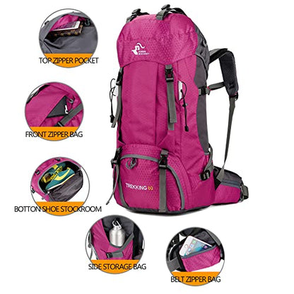 Bseash 60L Waterproof Hiking Camping Backpack with Rain Cover, Large Outdoor Sport Travel Daypack Rucksack for Climbing - color: Rose Red