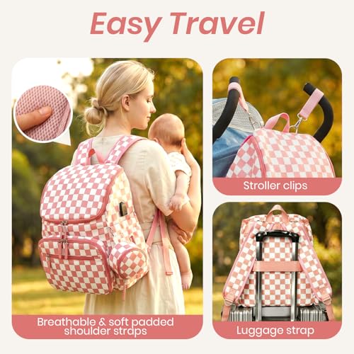 FHELAD Checkered Diaper Bag Backpack with Changing Pad & Stroller Clips, Large Travel Baby Diaper Bag for Newborn Moms, Baby Shower Gifts (Peach Pink) - color: Peach Pink