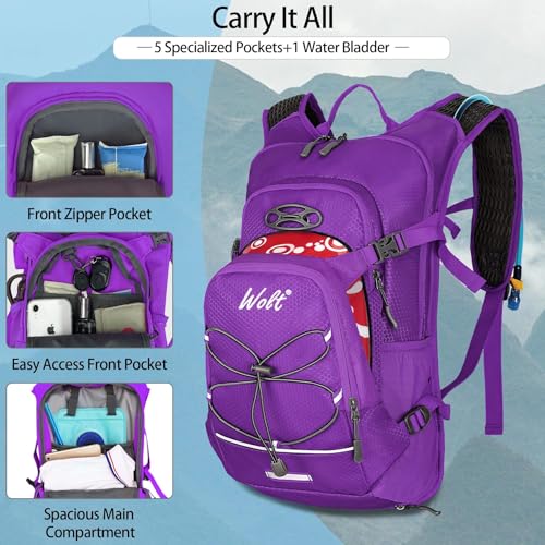 WOLT Hydration Backpack 18L Hiking Water Backpack with 2L Water Bladder for Men Women, Hydration Pack for Running Cycling Biking and Climbing - color: Purple