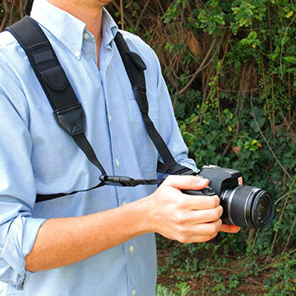 USA Gear DSLR Camera Strap Chest Harness with Quick Release Buckles, Black Neoprene Pattern and Accessory Pockets - Compatible with Canon, Nikon, Sony and More Point and Shoot and Mirrorless Cameras - color: Black