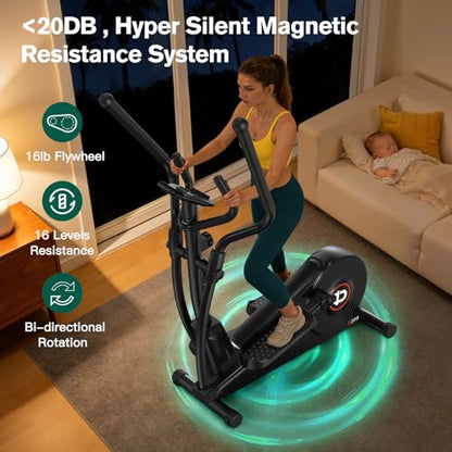 pooboo Elliptical Machine, Elliptical Exercise Machine with 16-Level Resistance&Quiet Magnetic Driving System, Elliptical Machine for Home with LCD Monitor - color: 15.5IN-Stride Black