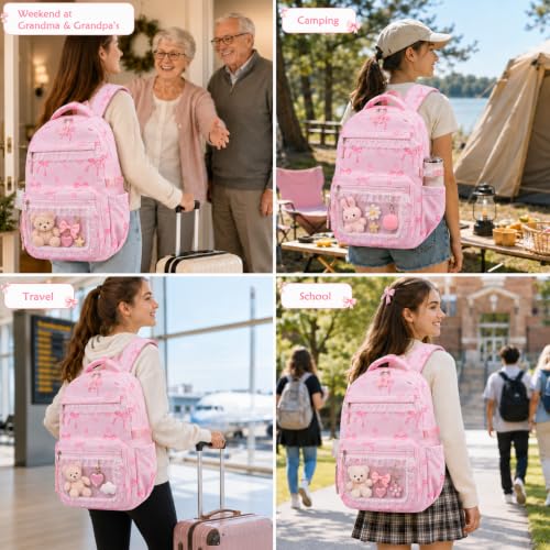 LEDAOU School Backpack for Teen Girls Elementary Middle School Bookbag Kids Backpacks Women Laptop Backpack Travel Daypack (Lace Clear Pocket - Bow Pink) - color: Lace Clear Pocket - Bow Pink