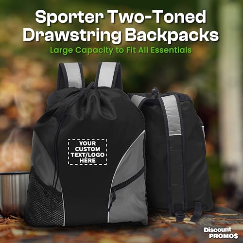 DISCOUNT PROMOS Custom Sporter Drawstring Backpacks Set of 6/12/24, Personalized Bulk Pack - Compact, Lightweight, Unisex Backpack - Black - color: - Custom - Black, size: 6/12/24