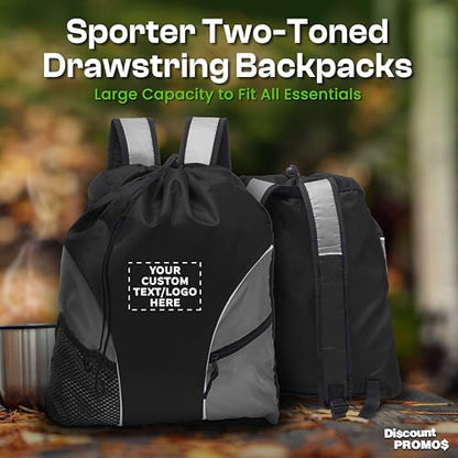 DISCOUNT PROMOS Custom Sporter Drawstring Backpacks Set of 6/12/24, Personalized Bulk Pack - Compact, Lightweight, Unisex Backpack - Black - color: - Custom - Black, size: 6/12/24