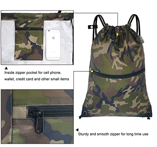 draw string back bag, Large Gym Sports string backpack for men and women with front zipper pocket and inside zipper pocket to keep key or phone (green camo) - color: Green Camo, style: Drawstring With Front Pocket