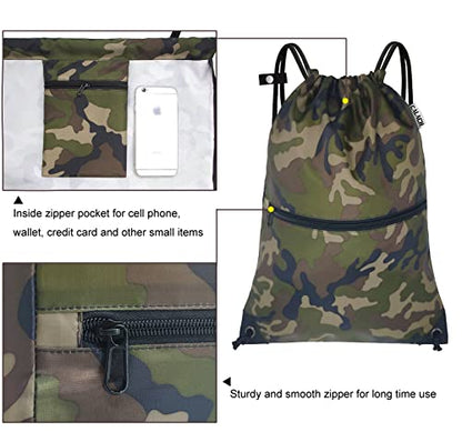 draw string back bag, Large Gym Sports string backpack for men and women with front zipper pocket and inside zipper pocket to keep key or phone (green camo) - color: Green Camo, style: Drawstring With Front Pocket