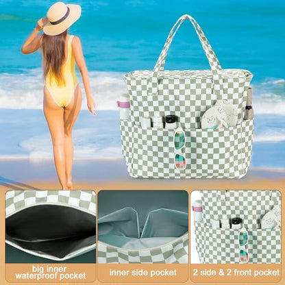 LEDAOU Beach Bag Waterproof Sandproof Women Beach Tote Pool Bag with Zipper for Swim Gym Grocery Travel with Wet Pocket | Sandproof - color: Grid-grass Green2