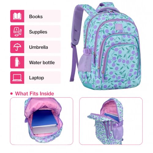 MYGOO Girls School Backpack Archibald Berry Purple Bookbag for Elementary Middle School Ages 5-12, 17 inch Large Capacity 24L Kids Student Travel Bags - color: Archibald Berry Purple