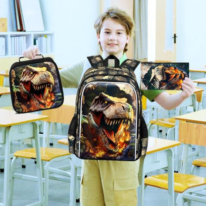 3Pcs Dinosaur Backpack for Boys, 16" Kids School Bookbag with Lunch Box, Dino Backpacks Set for Elementary Preschool Kindergarten(Brown) - color: Dionsaur Brown01
