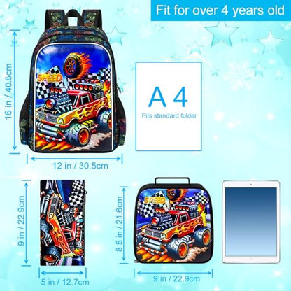 HPJGD 3PCS Truck Kids Backpack for Boys, Water Resistant Elementary Bookbag Set with Lunch Box, Cool School Bag for Preschool Toddler - Red Truck - color: Cool Uv Printed Bold Truck Red