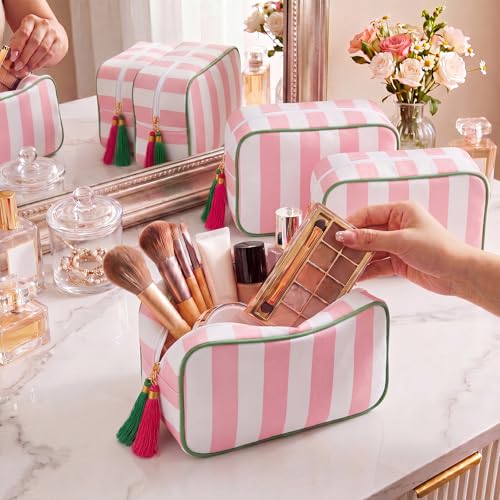 Kacctyen 6 Pack Light Pink and White Striped Makeup Bag bulk with Tassel Travel Cosmetic Pouch Organizer Large Zipper Toiletry Case for Women Aesthetic Storage Pouch Mahjong Tile Bag - color: Light Pink and White