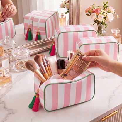 Kacctyen 6 Pack Light Pink and White Striped Makeup Bag bulk with Tassel Travel Cosmetic Pouch Organizer Large Zipper Toiletry Case for Women Aesthetic Storage Pouch Mahjong Tile Bag - color: Light Pink and White