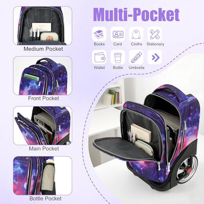 NEW TILAMI 19 inch Rolling Backpack Teens Rolling Backpack Cute Wheeled Laptop Backpack Bookbag Roller Travel Bag College, Starry Purple - color: Purple Starry