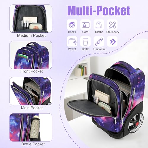 NEW TILAMI 19 Inch Rolling Backpack with Lunch Bag for Girls Boys Wheeled Laptop Backpack Durable Carry-on Bag School Travel, Purple Starry - color: Purple Starry
