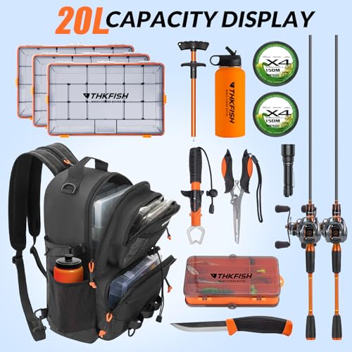 THKFISH Waterproof Fishing Backpack with Rod Holder, 20L Lightweight Fishing Tackle Sling Bag Store Gear and Equipment - color: Black